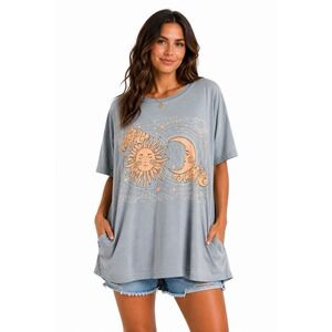 Blue Velvet Sun & Moon Celestial Graphic Tee NWT Oversized Pockets Blue Gray